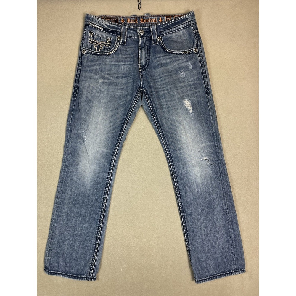 Rock Revival Jeans Mens 33x33 Blue Aiden Relaxed Straight Distressed Thick Stich